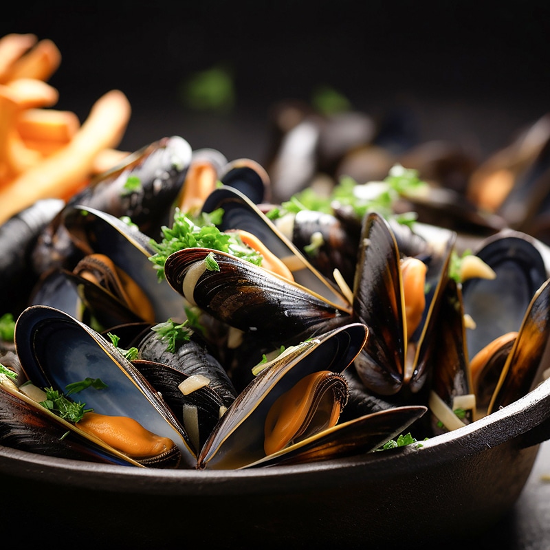 Gros plan sur des moules marinières fumantes, garnies de persil frais haché, dans un bol sombre, avec des frites visibles à l'arrière-plan.