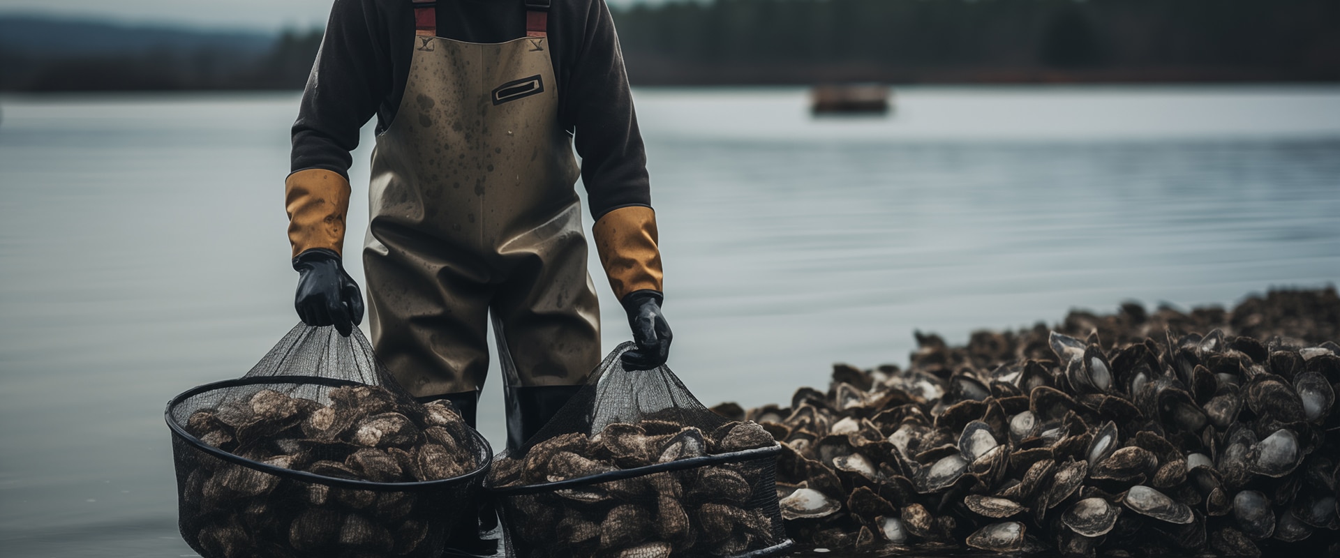 Récolte de moules : apiculteur marin travaillant sur l'eau Cultivateur inspectant une longue grappe de moules récoltées, suspendue à une structure métallique au-dessus de l'eau.