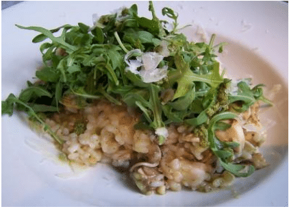 Risotto aux fruits de mer, pesto, roquette et parmesan. Risotto crémeux aux fruits de mer et pesto, surmonté d'une montagne de roquette fraîche et de copeaux de parmesan.